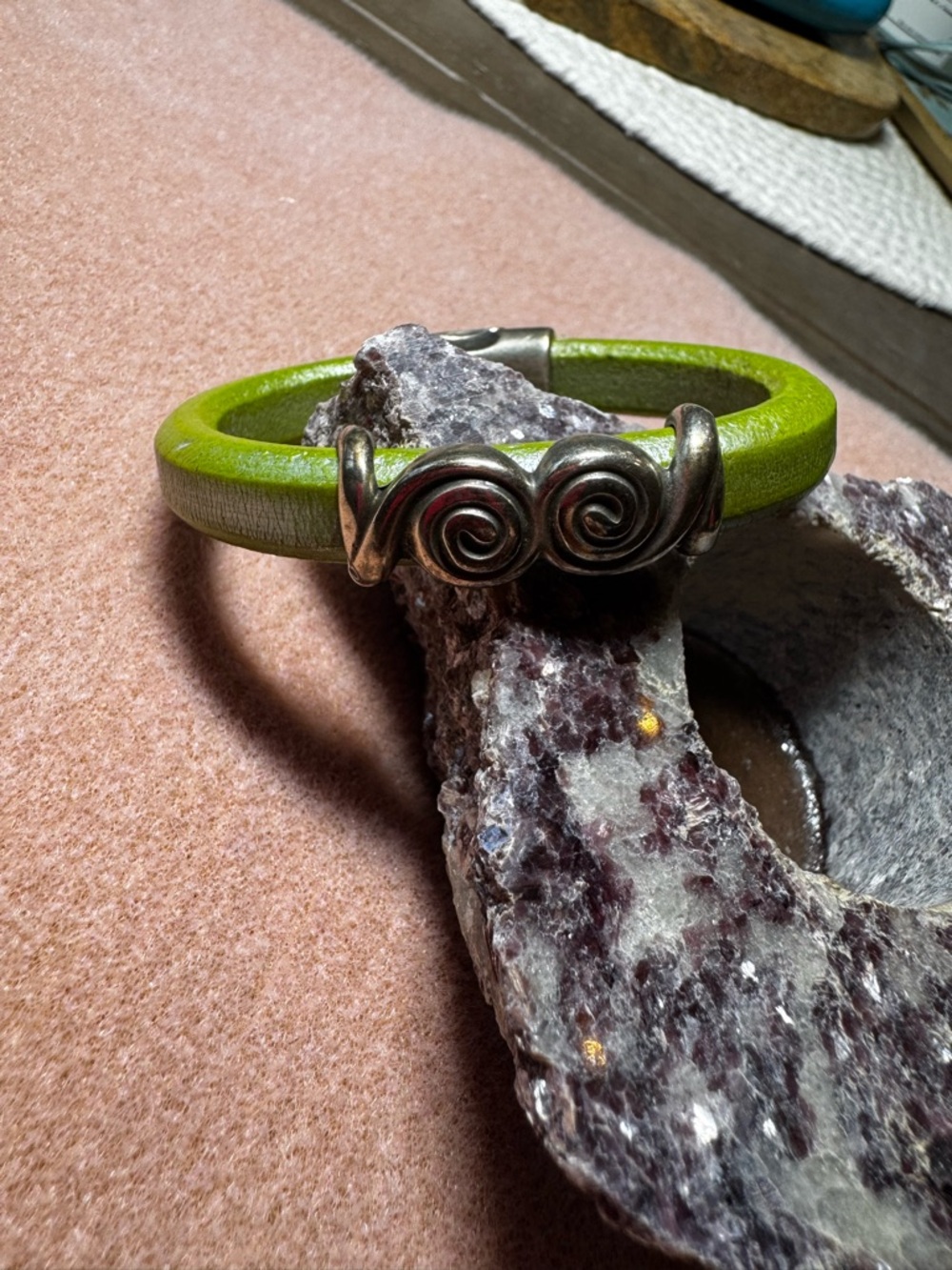 Pewter and Green Leather Bracelet from art show